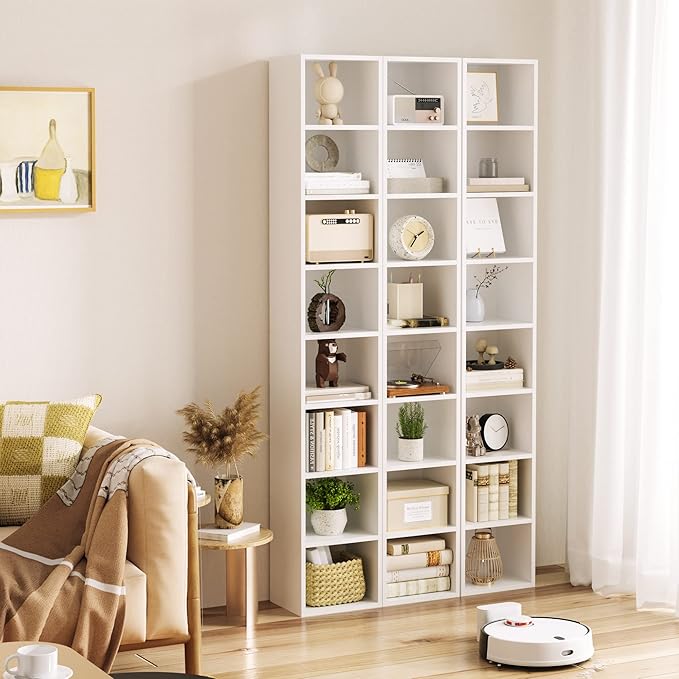 FOTOSOK White Bookshelf 8-Tier Media Tower Rack, 11.6 X 9.3 X 70.9 Inches CD DVD Slim Storage Cabinet with Adjustable Shelves, Tall Narrow Bookcase Display Bookshelf for Home Office, White