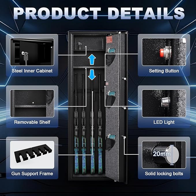 Marcree Large Rifle Safe with Biometric Fingerprint - Gun Safe for 8-10 Rifles & Pistols for Home, Quick Access, Anti-Theft Alarm, Removable Shelf, No Assembly (11.8"D x 13.8"W x 57.2"H)
