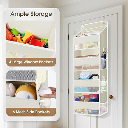 1 Pack Over The Door Organizer, Hanging Storage Organizer with Clear Window, 40lb Ultra Sturdy Large Capacity Room Organizer for Pantry Bathroom Nursery Closet Baby Essential (Beige)