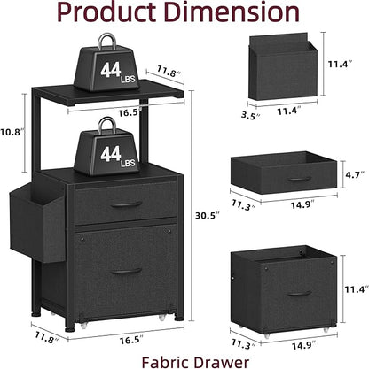 2-Drawer File Cabinet, Filing Cabinet with 2-Tier Printer Shelves, Office Cabinets with Side Bag&File Drawer for A4/Letter Size, Printer Stand with Storage for Home Office, Black, 16.5" W