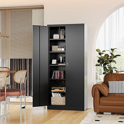 Metal Storage Cabinet-71” Tall Steel File Cabinets with Lockable Doors and Adjustable Shelves-Black Steel Storage Cabinet for Home,Kitchen, School, Office, Garage