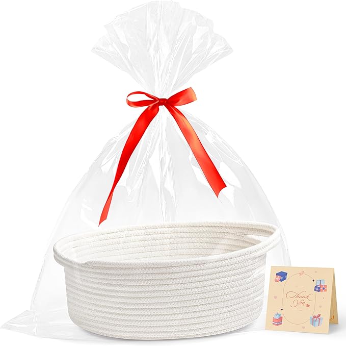 Small Woven Basket Gift For Empty,Easter basket With Ribbons and Bags, Durable Cute Gifts 12"X 8" X 5"Small Rope Basket for Gifting,White