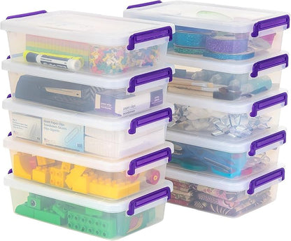 IRIS USA 3 Qt. Plastic Craft Storage Container Bins with Lids, 10 Pack, Small Art & Office Supply Organizer Tote, Sensory Bins & Boxes for Home & University, Stackable, Secure Latch Buckles, Clear