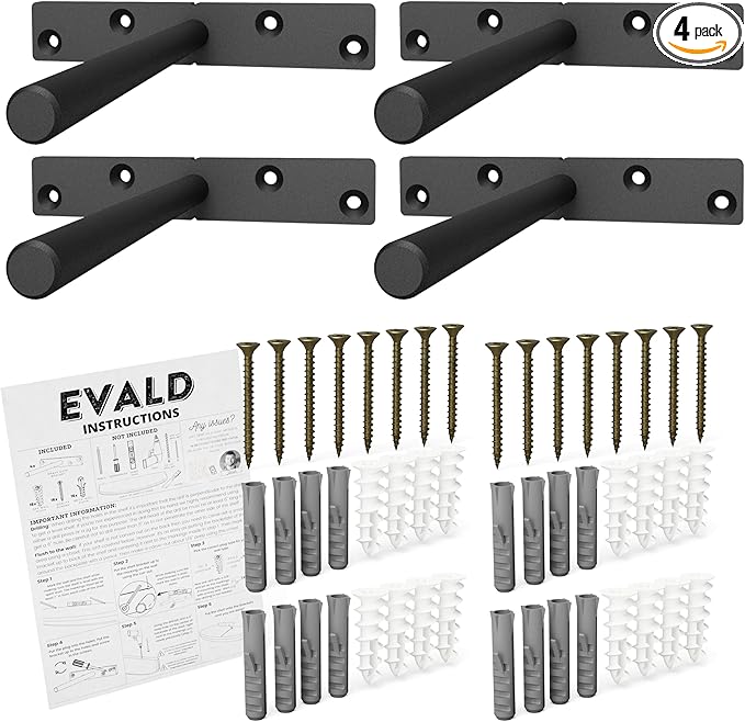 EVALD Heavy Duty Floating Shelf Bracket | 6-Inch Floating Mantel Mount, Blind Shelf Supports, and Anchors | Floating Shelf Hardware for Home and Office Decor | Fireplace Mantel Brackets (4 Pack)