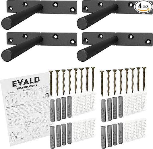 EVALD Heavy Duty Floating Shelf Bracket | 6-Inch Floating Mantel Mount, Blind Shelf Supports, and Anchors | Floating Shelf Hardware for Home and Office Decor | Fireplace Mantel Brackets (4 Pack)
