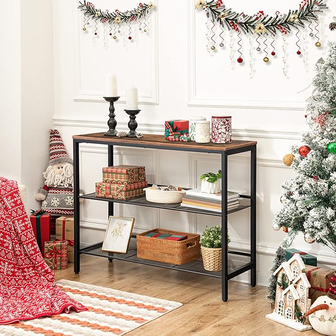 HOOBRO Console Table, Sofa Table with 2 Flat or Slant Adjustable Mesh Shelves, Hallway Table and Sideboard in Entryway, Living Room Corridor, Easy Assembly, Industrial, Rustic Brown and Black BF01XG01