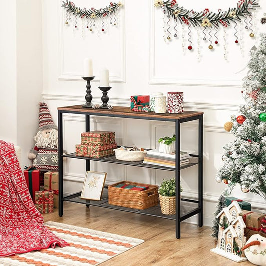 HOOBRO Console Table, Sofa Table with 2 Flat or Slant Adjustable Mesh Shelves, Hallway Table and Sideboard in Entryway, Living Room Corridor, Easy Assembly, Industrial, Rustic Brown and Black BF01XG01