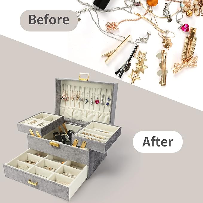 Dajasan Jewelry Organizer Box, Large Velvet Jewelry Boxes for Women Girls, Compact 3 Layers Jewelry Storage Case with Drawer, Movable Metal Stand, Modern, Gift Idea (Grey)