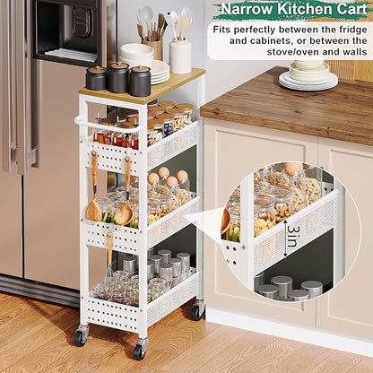 Utility Slim Storage Cart, 4-Tier Narrow Bathroom Organizers and Storage Cart, Narrow Metal Kitchen Laundry Room Organization Shelf with Wood Top, Slim Rolling Carts with Wheels for Small Space