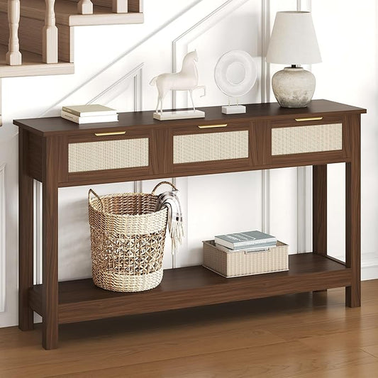 Luoxiao Console Table for Entryway with 3 Rattan Drawers Boho Entry Table with Storage Open Shelf, Narrow Long Sofa Tables for Living Room, Hallway, Foyer, Couch, Front Door, Walnut, 47 Inch