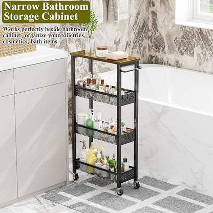 Utility Slim Storage Cart, 4 Tier Small Rolling Kitchen Laundry Room Cart with Wood Top, Metal Narrow Bathroom Storage Cabinet Mobile Shelf Unit Organizer Trolley with Handle for Narrow Space