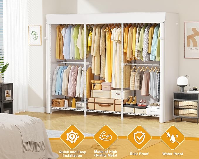E14C Pro Heavy Duty Closet Organizer System，Freestanding Clothing Racks for Hanging Clothes，Adjustable Garment Rack 70.1"W × 16.6"D × 76.4"H Hold 960 lbs，White Rack with White Dustproof Cover