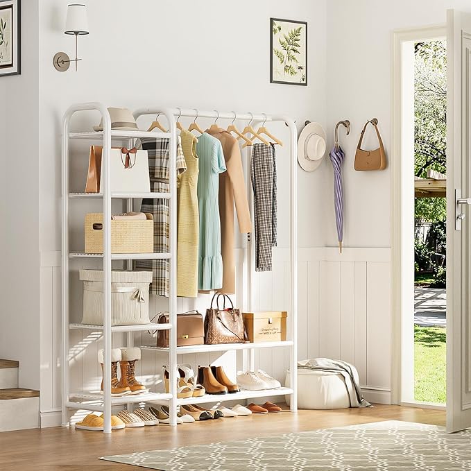 Heavy Duty Clothes Rack with 5 Tiers Shelves, Max Load 670LBS, Portable Freestanding Multi-Functional Metal Clothing Rack with Hanging Rods Organizer System for Bedroom Closet Wardrobe, White