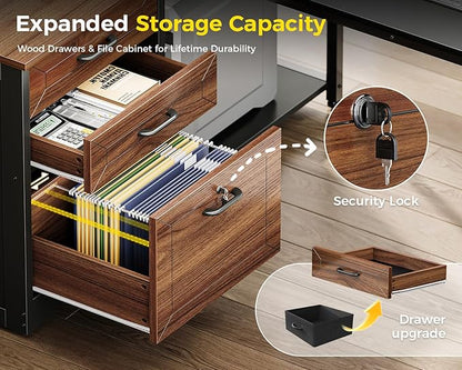 AODK 61" L Shaped Office Desk with Wood Drawers & Lockable File Cabinet, Reversible 21.7" D Corner Computer Desk with Built-in Power Outlets, Executive Desk for Home Office, Walnut