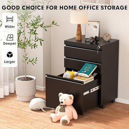 Greenvelly 3-Drawer Mobile File Cabinet with Locking Drawers & Wheels, No Assembly Required Black Rolling Metal Filing Cabinet for Home Office, Lockable File Organizer Under Desk or Letter/Legal Files