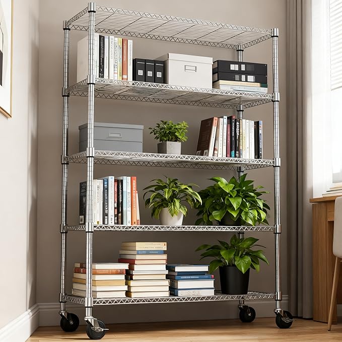 1750LBS 47.2" W 5 Tiers Storage Shelves Metal Shelving Unit with Wheels Heavy Duty Garage Shelving Adjustable Wire Shelves for Pantry,Kitchen,Garage,Basement,Chrome 17.7" D x 47.2" W x 76.8" H