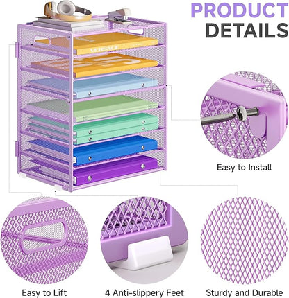 Paper Organizer with Handle Metal Mesh File Sorter for Desk Organizers Paper Letter Tray Desktop Document Sorter for Office or School 2 Pack 8 Tier Purple Desk Storage