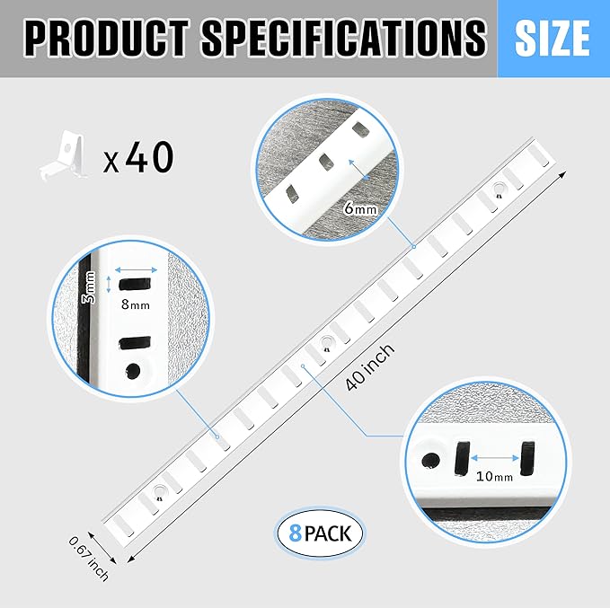 Adjustable Shelf Bracket 40 Inch 8 Pack Shelf White Pilaster Strips Shelf Rail Shelf Track Adjustable Wall Shelves Shelf Standards and Supports for Cabinet Closet Organization