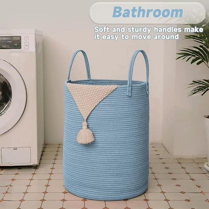Large Woven Laundry Basket Hamper,80L Cotton Rope Storage Bin for Blankets,Toys and Clothes,Decorative Tall Nursery Hamper for Living Room,Baby Nursery,Bathroom and Bedroom,Blue