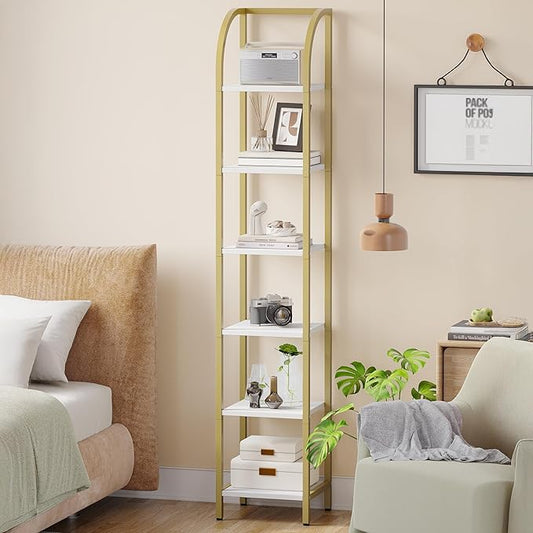 Bookshelf Bookcase Narrow Bookcase Shelf Organizer with Steel Frame for Study Living Room Bedroom Kitchen Home Office Industrial Bookshelf 6-Tier White Gold BC56013A