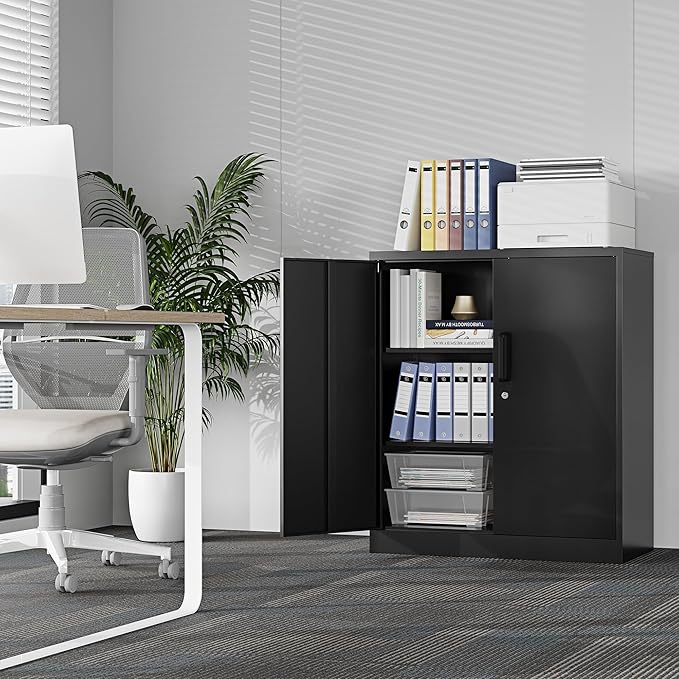 Metal Storage Cabinet, Garage Storage Cabinet with Locking Doors and Adjustable Shelves for Garage,Home,Office and School (Assembly Required，Black)