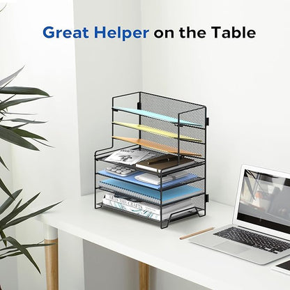 SUPEASY 7 Tier Desk File Organizer, Mesh Letter Tray Paper Organizer with File Holders, Metal Desktop Organizers and Accessories for Home Office Supplies, Black