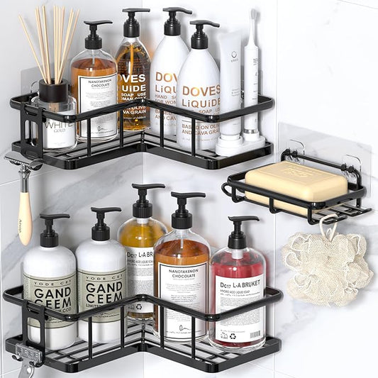 YASONIC Shower Caddy Corner, 3-Pack Adhesive Rustproof Stainless Steel Shower Shelves with Soap Holder, No Drilling Shower Organizer Corner for Dorm, Renters Bathroom, Black