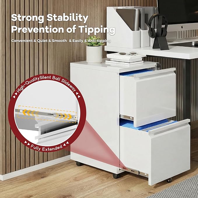 Bonusall 2-Drawer Metal File Cabinet with Lock - Mobile Filing Cabinet for Letter/A4 Size, Under Desk Office Storage Organizer with Wheels, Easy Assembly, High Capacity, White