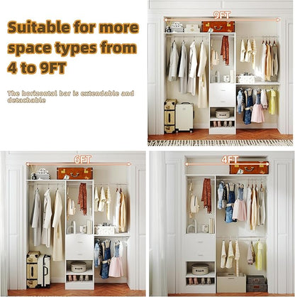 Closet System, 4Ft-9Ft Closet Organizer System With 2 Wooden Drawers, Walk-In Closet Storage System With 5 Expandable Hanging Rods, Adjustable Cloth Garment Rack from 4 to 9FT, White