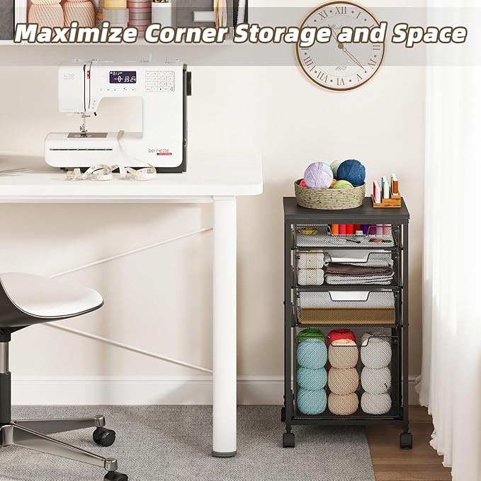 Rolling Storage Cart with Drawers, Utility Cart with Wooden Tabletop and Lockable Wheels Multifunctional Storage Organizer Craft Cart for Classroom, Bedroom, Bathroom, Office, Black