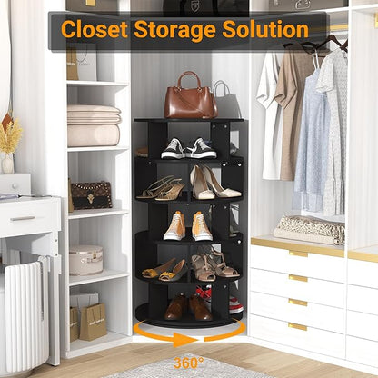 Aheaplus Rotating Shoe Rack, 5-Tier Wood Shoe Organizer for Closet, 360° Spinning Shoe Rack Tower Space-Saving Shoe Storage Shelf for Entryway, Garage, Bedroom, Black