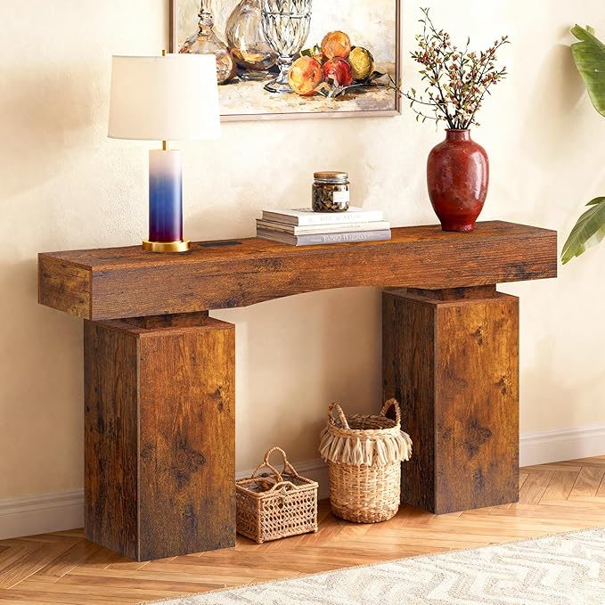 63 Inch Long Entryway Table Bold, Wooden Console Table with Socket Farmhouse Sofa Table for Entrance, Hallway, Living Room, Behind Couch(Rustic Brown)