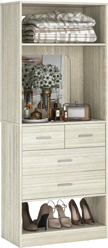 Unikito 2FT Closet System with 4 Drawers, 25 Inch Wood Closets Organizer with Storage Shelves and Mirror Design, Freestanding Sturdy Walk in Closet Tower for Bedroom, 25" W x 16" D x 80" H, White Oak