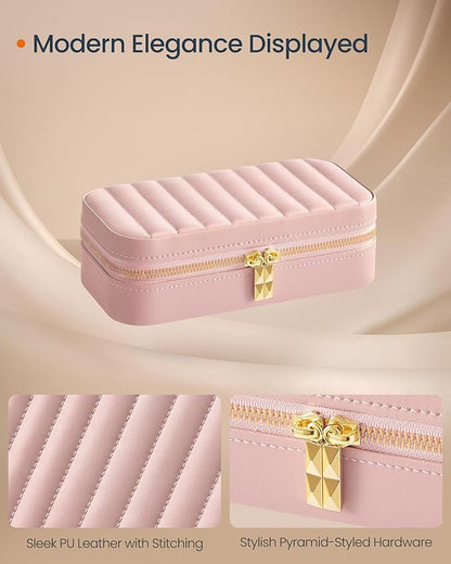 SONGMICS HOME Travel Jewelry Case, Travel Jewelry Box Organizer with Mirror, 4.1 x 8 x 2.4 Inches, Stitching, Portable, Gift Idea, Jelly Pink UJBC180S01