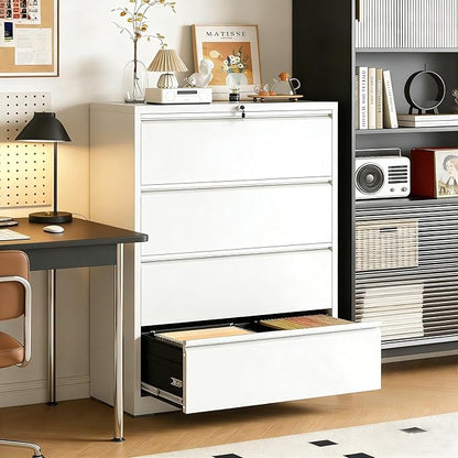 4 Drawer Lateral File Cabinet with Lock, Metal Lateral Filing Cabinet for Home Office, Steel Wide Horizontal Filing Cabinets for Letter/Legal/A4/F4 Hanging Files (White)