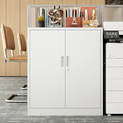 BESFUR Metal Storage Cabinet, Garage Storage Cabinet with 2 Adjustable Shelves, Locking Short Storage Cabinet for Office Garage Home, White Metal Cabinets (36" H x 31.5" W x 16" D)