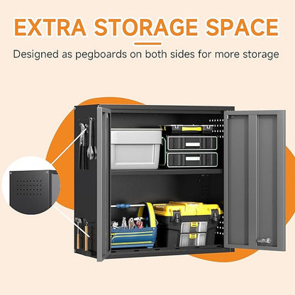 Metal Garage Wall Cabinet with 2 Doors and 1 Adjustable Shelf,Lockable Floating Tool Cabinet with Pegboard,Steel Storage Cabinet for Kitchen,Office,Garage,Laundry,Warehouse(Black&Gray, 26"H)