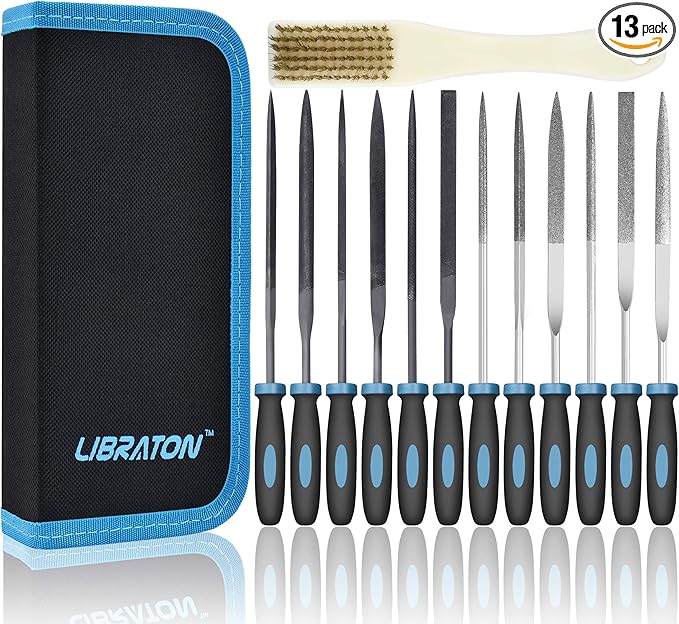 LIBRATON Small File Set, Needle Diamond Files 13PCS, 6pcs Jewlers & 6 Steel for Precision Metal Work, Wood, Woodworking, Plastic Carving Tool with Brush and Carry Case