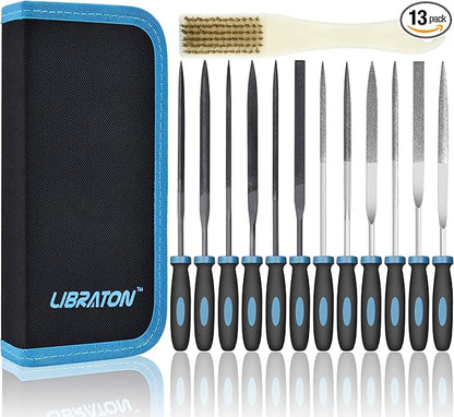 LIBRATON Small File Set, Needle Diamond Files 13PCS, 6pcs Jewlers & 6 Steel for Precision Metal Work, Wood, Woodworking, Plastic Carving Tool with Brush and Carry Case