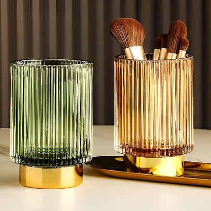 Makeup Brush Holder Organizer, Heavy Crystal Glass Brush Storage Holder, Vintage Cosmetic Make Up Bathroom Brushes Cup Pen Pencil Toothbrush Holder Striped Vase (S+L (amber))