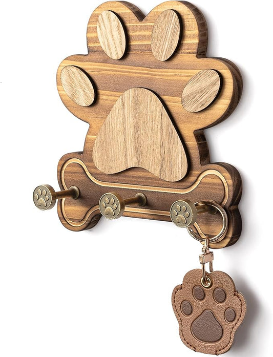 MTERSE Pine Wood Dog Leash Holder for Wall – Cute Hooks for Dog Leash Hanger & Key Holder for Entryway, or Living Room – Rustic Farmhouse Wall Decor and Cute Room Decor (Brown)