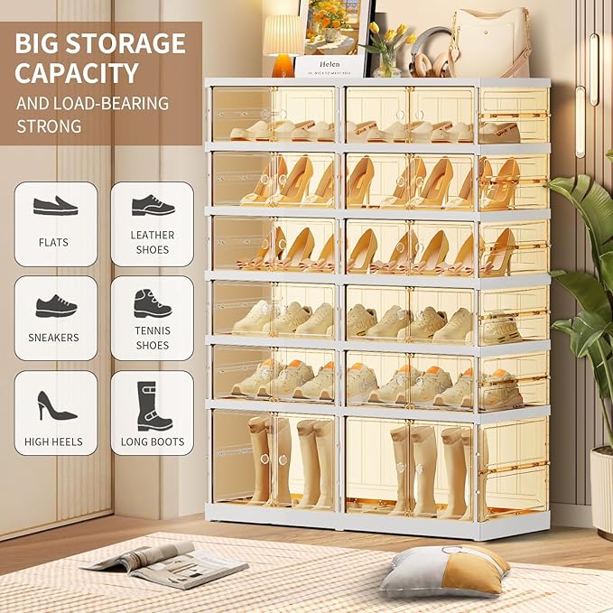 6-Tier Foldable Shoe Rack for Closet Entryway 12-24Pairs,Stackable Clear Shoe Storage Boxes Organizer with Door Plastic Shoe Cabinet Bins with Lids Shoes Shelf Easy Assembly Large