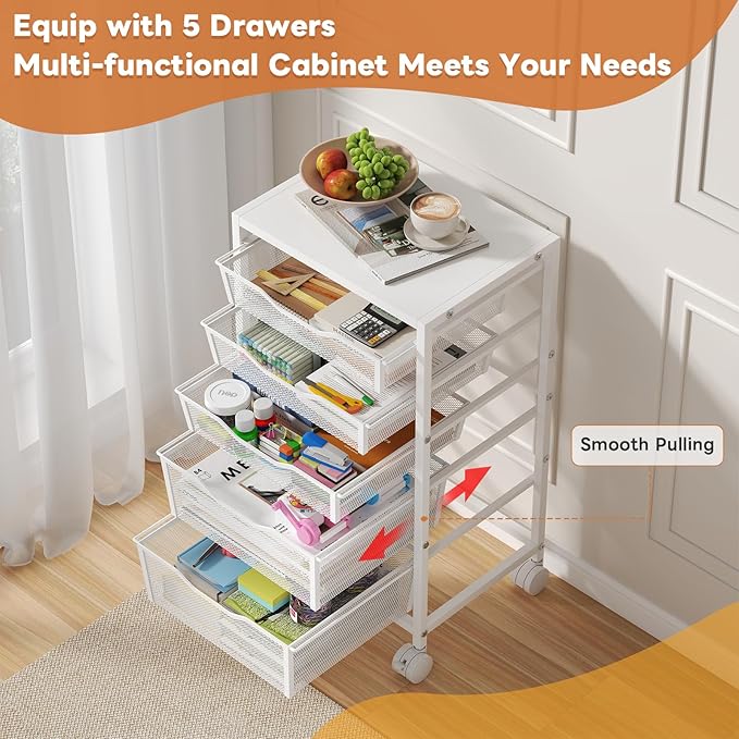 Rolling Storage Cart with 5 Drawers, Metal Utility Cart with Lockable Wheels, Craft Storage Art Cart, Rolling Drawer Cart for Living Room, Bedroom, Bathroom, Office, Home, White