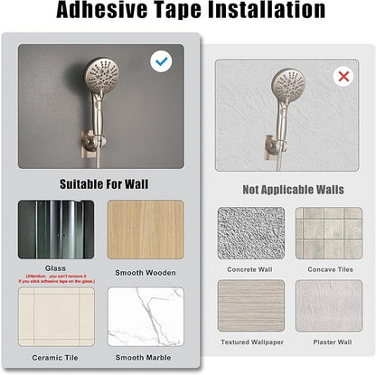 Handheld Shower Head Holder with 2 Hanger Hooks,Strong Adhesive&Waterproof No Drilling Wall Mount Shower Bracket for RV and Kids&Elders,Install Any Height&Fix Firmly,Brushed Nickel