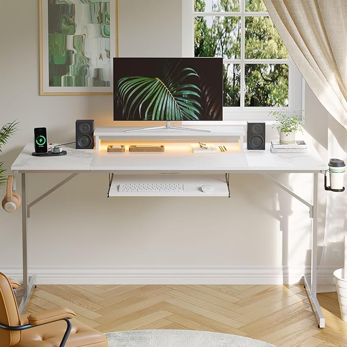 Bestier 63 Inch Gaming Desk with LED Lights & Power Outlets Computer Desk with Laptop Stand & Keyboard Tray Modern PC Desk with Headset Hook for Home Office, Carbon Fiber and Marble Splicing White