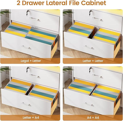 SEDETA 59" File Cabinet, 2 Drawers Filing Cabinets for Home Office fit Legal/Letter/A4 File, File Cabinet with Lock & Power Outlets, Printer Stand with Storage & LED Lights, White