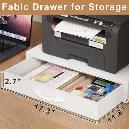 YAOHUOO 2-Tier Desktop Printer Stand with Fabric Drawer, Prtiner Table with Storage Shelf, Desk Organizer for Home Office,3D Printer,Fax Machine,Scanner, 19.6"x14.9" White