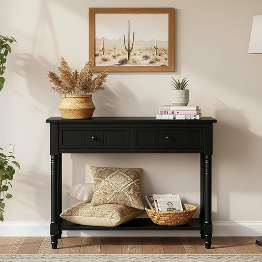 35.34" Console Table Traditional Design with Two Drawers and Bottom Shelf,Black