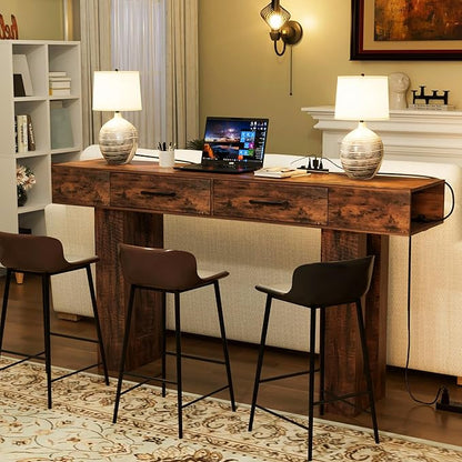 63" Industrial Console Table with Outlets and 2 Drawers, Rustic Long Sofa Table for Living Room, Bedroom, Hallway, Entryway Storage and Display