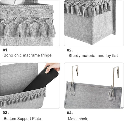 Dahey Over The Door Organizer Boho Nursery Storage Decor Closet Hanging Organizer with Tassels Decoration for Bedroom Nursery Bathroom Apartments Dorm Pantry, 4 Pockets, Grey